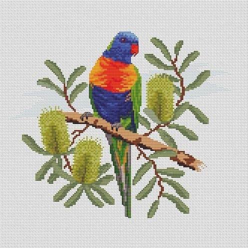 Rainbow Lorikeet on Banksia cross stitch kit by Maureen Maguire