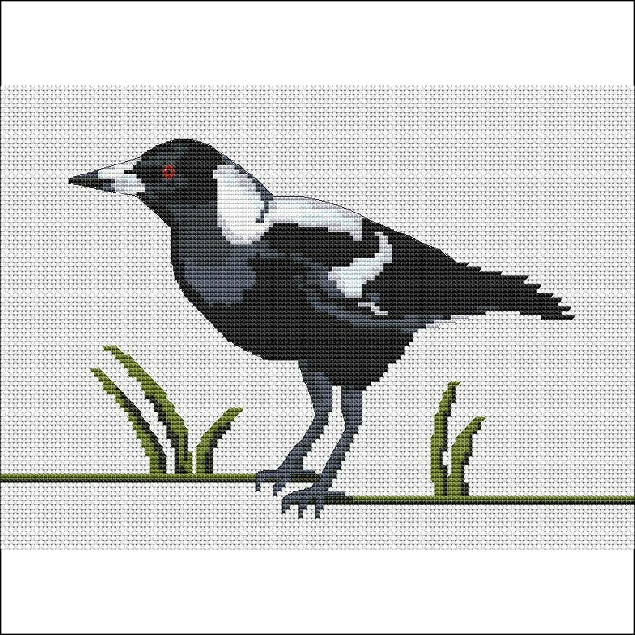 Australian Magpie cross stitch chart or kit by Maureen Maguire for Caronie.