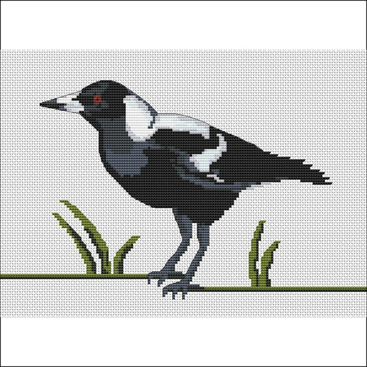 Australian Magpie cross stitch chart or kit by Maureen Maguire for Caronie.