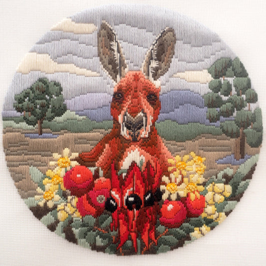 Red Kangaroo long stitch kit by Helene Wild 28cm round HWLS-003