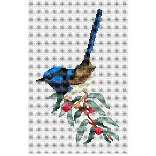 Superb Blue Fairy Wren on Hakea Laurina cross stitch kit by Maureen Maguire for Caronie.